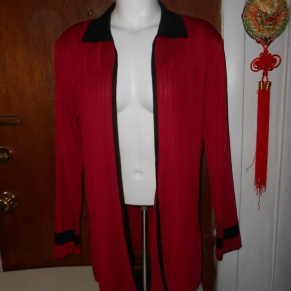 Womens Exclusively Misook Open Jacket Cardigan Brick Red Black Accents Medium - Picture 1 of 6